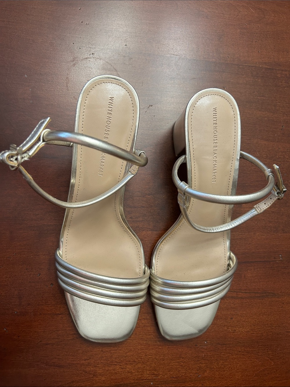 White House Black Market Metallic Silver Block Heel Sandals